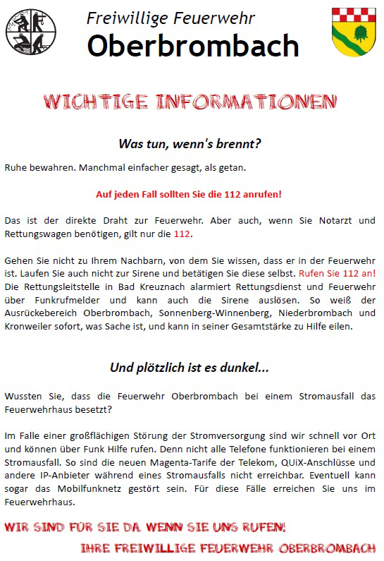 Informationsplakat der Freiwilligen Feuerwehr Oberbrombach mit Hinweisen zum Verhalten im Brandfall